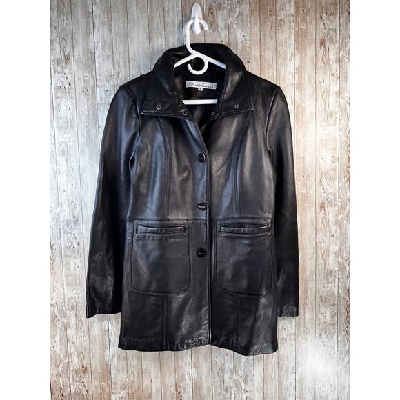 Reaction Kenneth Cole G-III Black Leather Coat Womens M Black Smooth Mid Length‎ - Picture 1 of 10
